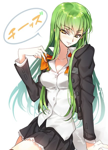 Anime picture 650x902 with code geass sunrise (studio) c.c. creayus single long hair tall image fringe breasts smile yellow eyes looking away green hair arm support girl shirt white shirt