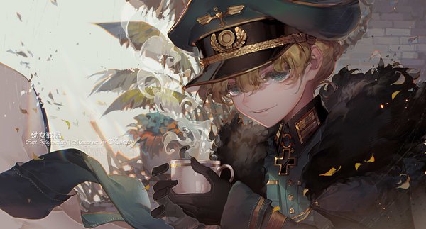 Anime picture 1185x638 with youjo senki tanya degurechaff kawacy single fringe short hair blonde hair smile hair between eyes wide image holding green eyes signed upper body long sleeves copyright name character names watermark steam girl