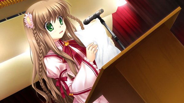 Anime picture 1280x720 with rewrite kanbe kotori long hair brown hair wide image green eyes game cg girl serafuku microphone