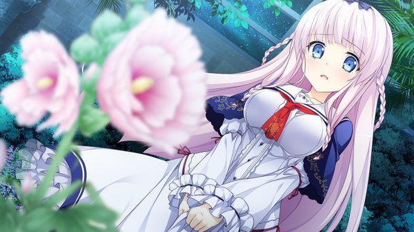 Anime picture 1280x720 with girls be ambitious! yuzuki fuuka mtu (orewamuzituda) single long hair looking at viewer blush open mouth blue eyes wide image game cg white hair girl dress flower (flowers)