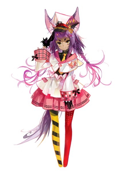 Anime picture 919x1276 with original k ototo (artist) single long hair tall image looking at viewer simple background smile white background animal ears yellow eyes purple hair tail braid (braids) animal tail twin braids salute girl gloves black gloves