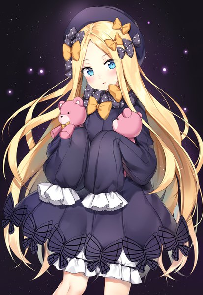 Anime picture 945x1373 with fate (series) fate/grand order abigail williams (fate) douya (233) single long hair tall image looking at viewer blush fringe open mouth blue eyes blonde hair standing holding parted lips head tilt sleeves past wrists dark background polka dot