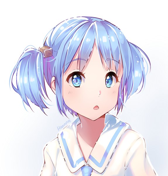 Anime picture 861x900 with nichijou kyoto animation naganohara mio hyanna-natsu single tall image looking at viewer short hair open mouth blue eyes simple background white background twintails signed blue hair :o portrait short twintails girl uniform