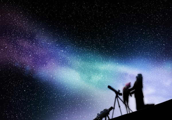 Anime picture 2200x1547 with original rery rr23 long hair highres black hair space milky way girl star (stars) doll (dolls) telescope