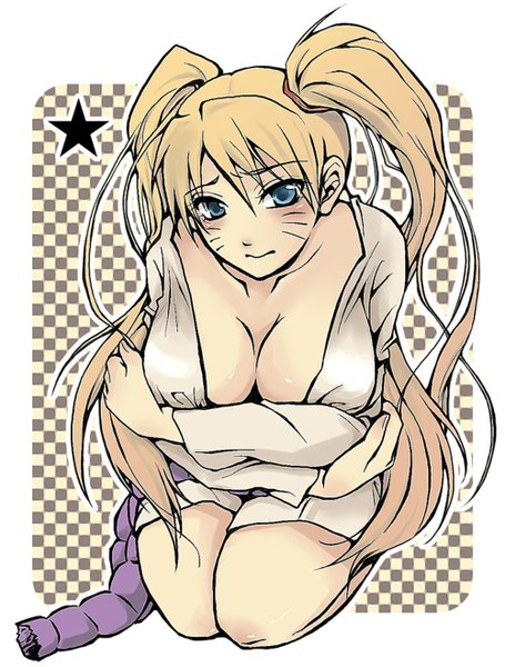 Anime picture 1000x1319 with naruto studio pierrot naruto (series) naruko tagme (artist) single long hair tall image blush breasts blue eyes light erotic blonde hair large breasts twintails cleavage very long hair checkered genderswap checkered background