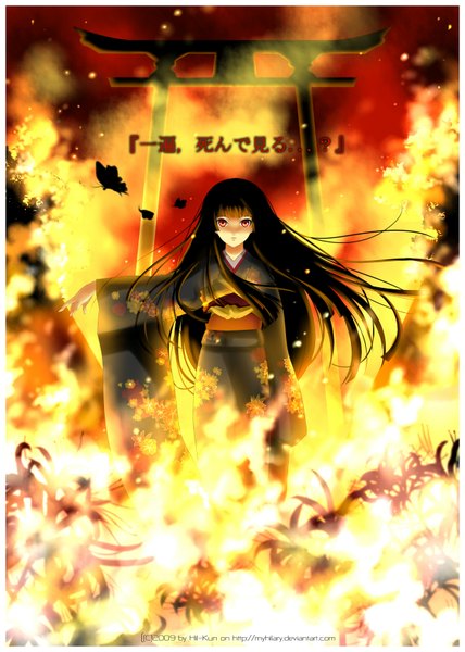 Anime picture 1230x1726 with hell girl studio deen enma ai myhilary single long hair tall image black hair japanese clothes orange eyes floral print hieroglyph framed girl flower (flowers) belt kimono insect butterfly obi