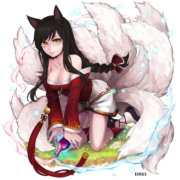 Anime picture 2000x2000 with league of legends ahri (league of legends) ilris long hair highres black hair yellow eyes braid (braids) fox ears facial mark fox tail fox girl multiple tails whisker markings girl detached sleeves