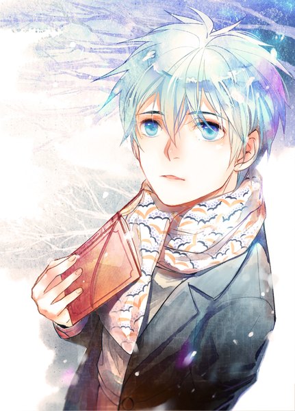 Anime picture 1234x1716 with kuroko no basket production i.g kuroko tetsuya 321wei single tall image fringe blue eyes standing holding fingernails aqua hair alternate costume looking up boy scarf winter clothes