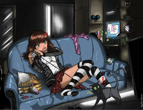 Anime picture 1176x904 with original skynet brown hair playing games girl thighhighs miniskirt animal headphones cat striped thighhighs couch room monitor computer pizza playstation
