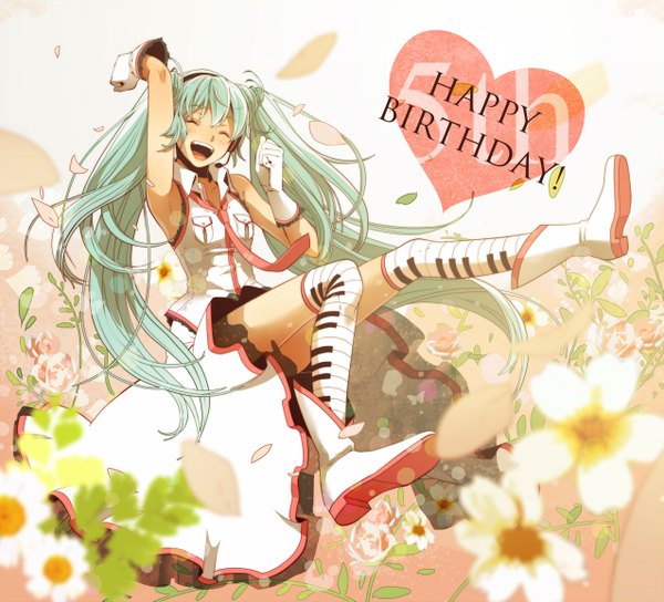 Anime picture 1275x1157 with vocaloid hatsune miku 778-go single blush open mouth smile twintails eyes closed very long hair aqua hair girl dress gloves flower (flowers) necktie boots heart