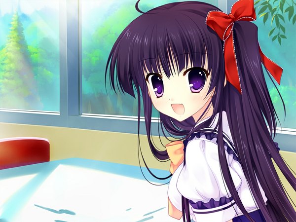 Anime picture 1024x768 with yuyukana yuyuzuki ako mitha long hair open mouth black hair purple eyes game cg one side up girl