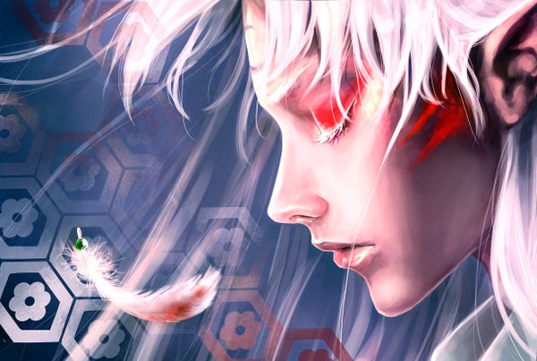 Anime picture 2426x1632 with inuyasha sesshomaru sscindyss single long hair highres white hair eyes closed profile lips pointy ears realistic close-up face eyeshadow face paint boy feather (feathers)