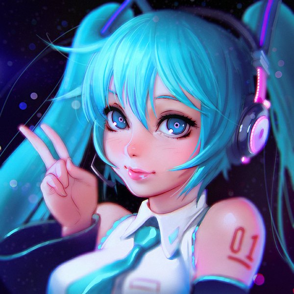 Anime picture 900x900 with vocaloid hatsune miku ilya kuvshinov single long hair looking at viewer fringe blue eyes smile twintails bare shoulders blue hair lips realistic tattoo victory girl necktie headphones