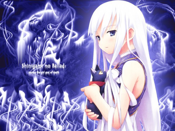Anime picture 1280x960 with shinigami no ballad momo (shinigami no ballad) daniel long hair looking at viewer blue eyes bare shoulders white hair inscription girl animal cat