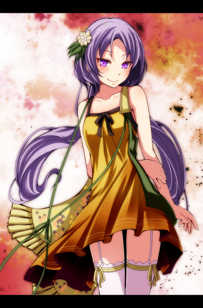 Anime picture 1322x2000 with touhou tsukumo benben s-syogo single long hair tall image looking at viewer blush purple eyes bare shoulders purple hair girl thighhighs dress hair ornament white thighhighs sundress