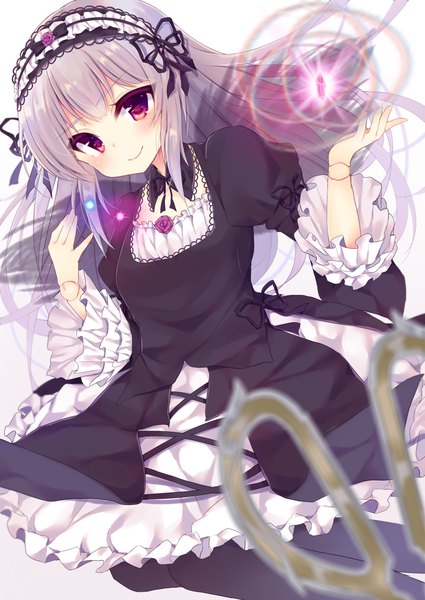 Anime picture 2507x3541 with rozen maiden suigintou momoirone single long hair tall image looking at viewer blush fringe highres simple background smile red eyes silver hair lolita fashion goth-loli girl dress pantyhose black dress