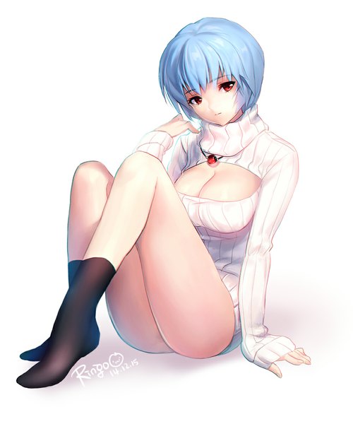 Anime picture 930x1115 with neon genesis evangelion gainax ayanami rei matsuki ringo single tall image fringe short hair breasts light erotic red eyes large breasts white background sitting signed blue hair looking away cleavage full body bent knee (knees)