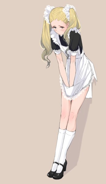Anime picture 736x1274 with original tsukino wagamo single long hair tall image looking at viewer blush simple background blonde hair standing twintails brown eyes shadow leaning leaning forward brown background girl uniform school uniform socks