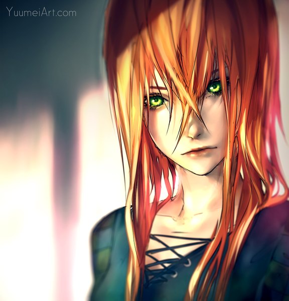 Anime picture 1500x1560 with fisheye placebo robin soloviev yuumei single long hair tall image looking at viewer fringe hair between eyes green eyes signed upper body lips orange hair watermark lacing girl
