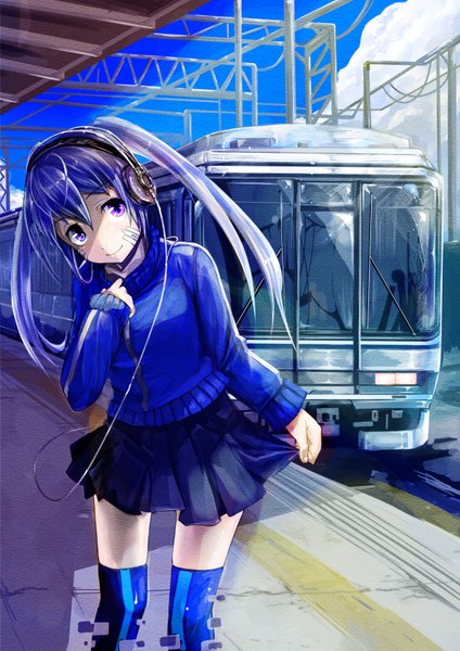 Anime picture 1200x1697 with original koruse long hair tall image looking at viewer purple eyes twintails purple hair girl thighhighs headphones train