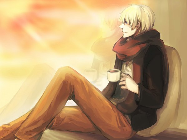 Anime picture 1024x768 with axis powers hetalia studio deen russia (hetalia) sadyears single short hair blonde hair sitting looking away sky profile light smile reflection boy jacket window scarf pillow cup jeans