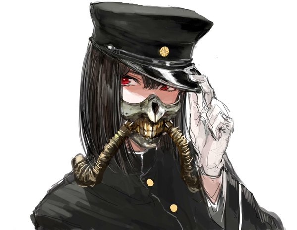 Anime picture 1600x1241 with kantai collection akitsumaru dock landing ship osakana (denpa yun'yun) single long hair fringe black hair simple background red eyes white background looking away adjusting hat clenched teeth girl gloves uniform school uniform white gloves peaked cap respirator