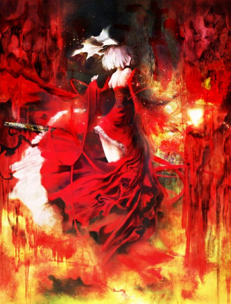 Anime picture 900x1182 with touhou konpaku youmu iori (yakata-bako) tall image short hair red eyes bare shoulders white hair from behind back girl dress bow weapon hair bow detached sleeves red dress sheath