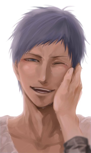 Anime picture 1200x2000 with kuroko no basket production i.g aomine daiki tosetsuna single tall image short hair open mouth blue eyes simple background smile white background blue hair one eye closed wink tears crying hand on face boy