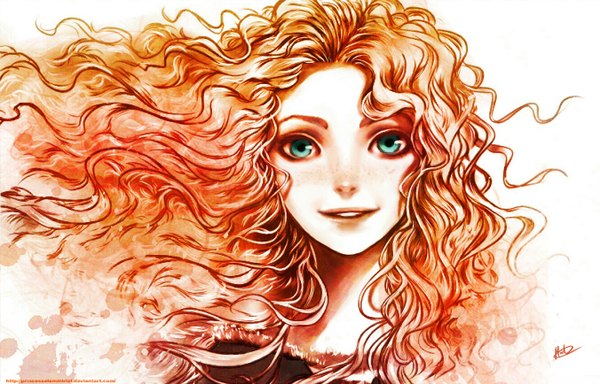 Anime picture 1352x867 with brave disney merida single long hair looking at viewer open mouth smile green eyes orange hair facial mark freckles curly hair girl