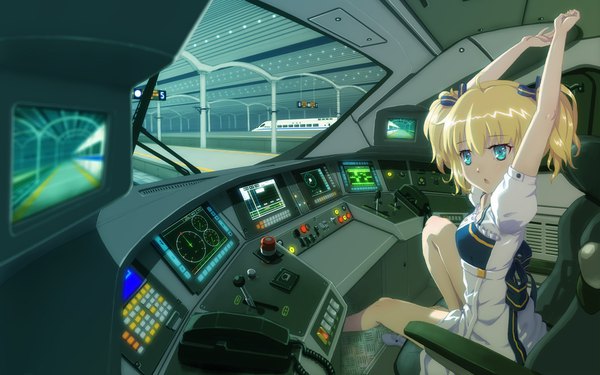 Anime picture 1680x1050 with original ericsakura single fringe short hair blonde hair hair between eyes sitting twintails looking away bent knee (knees) parted lips aqua eyes arms up short sleeves train interior girl bow hair bow armchair