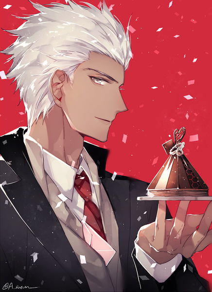 Anime picture 849x1166 with fate (series) fate/stay night archer (fate) sueun single tall image looking at viewer short hair silver hair upper body profile dark skin red background silver eyes boy necktie food sweets suit confetti