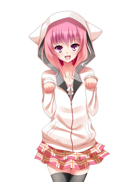 Anime picture 849x1200 with original yappen single tall image looking at viewer blush short hair open mouth simple background white background purple eyes pink hair girl thighhighs skirt black thighhighs hood