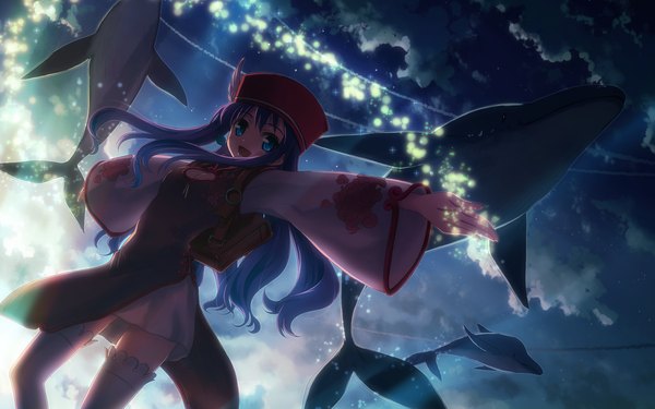 Anime picture 3840x2400 with dj max dj max portable studio sdt yuuki tatsuya long hair highres blue eyes wide image blue hair sky cleavage cutout thighhighs dress hat dolphin