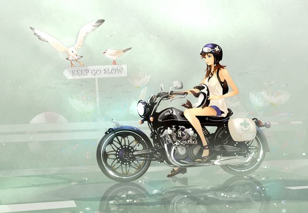 Anime picture 1500x1038 with original ken zou (artist) long hair fringe blue eyes smile brown hair sitting bare shoulders brown eyes looking away bent knee (knees) inscription bare legs text reflection english goggles on head sitting on person girl