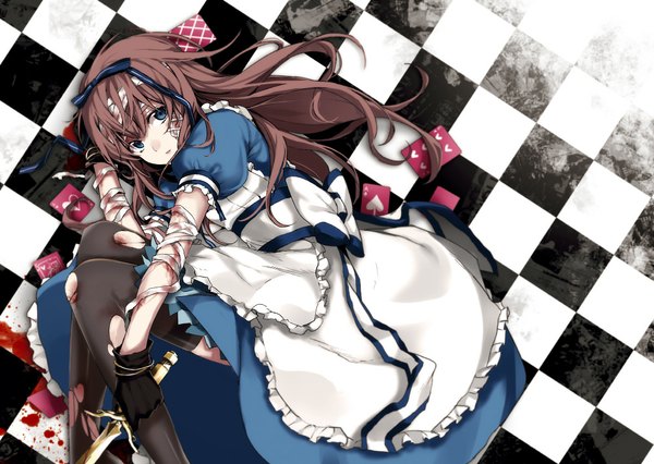 Anime picture 1000x711 with alice in wonderland alice (wonderland) arisaka ako single long hair looking at viewer open mouth blue eyes brown hair maid torn clothes checkered floor checkered background injury girl thighhighs dress gloves ribbon (ribbons) weapon