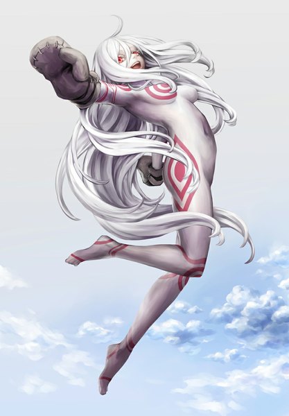 Anime picture 800x1150 with deadman wonderland shiro (deadman wonderland) nabe (artist) single long hair tall image breasts light erotic smile red eyes sky cloud (clouds) white hair barefoot happy flying bodypaint girl navel