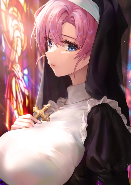 Anime picture 2893x4092 with original nelf single long hair tall image looking at viewer fringe highres breasts blue eyes light erotic hair between eyes holding pink hair upper body mole sparkle puffy sleeves huge breasts hand on chest
