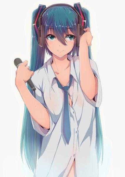 Anime picture 800x1129 with vocaloid hatsune miku kameponde single long hair tall image blush fringe simple background smile hair between eyes standing white background twintails holding blue hair looking away aqua eyes adjusting hair twisty sleeves