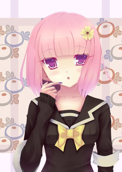 Anime picture 2480x3507 with original sonikey0 0 single tall image looking at viewer blush highres short hair purple eyes pink hair hair flower girl uniform hair ornament school uniform bowtie