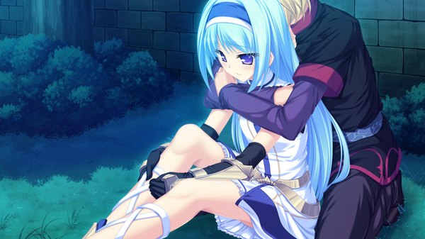 Anime picture 1920x1080 with ryuuyoku no melodia selphie lainlut tenmaso long hair highres wide image purple eyes blue hair game cg hug girl dress boy gloves elbow gloves hairband