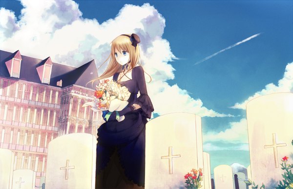 Anime picture 1500x971 with original usui (tripcube) blue eyes blonde hair cloud (clouds) tears crying lolita fashion sad girl dress flower (flowers) hat black dress building (buildings) bouquet cemetery tombstone