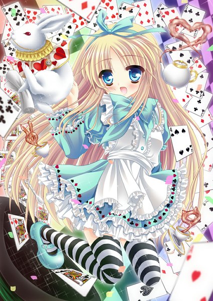 Anime picture 717x1012 with alice in wonderland alice (wonderland) mizuki yuuma single long hair tall image looking at viewer blush open mouth blue eyes blonde hair girl thighhighs ribbon (ribbons) hair ribbon animal striped thighhighs bunny card (cards)