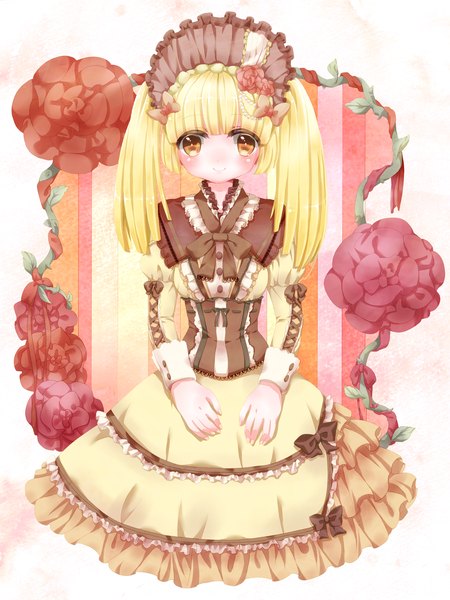 Anime picture 2400x3200 with original usagi moe single long hair tall image looking at viewer blush highres blonde hair smile twintails yellow eyes loli lolita fashion girl dress flower (flowers) bow frills bonnet