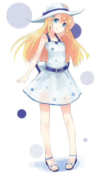 Anime picture 1024x1652 with original kou mashiro single long hair tall image looking at viewer blue eyes blonde hair smile hand on head girl dress bow hat belt sundress sandals