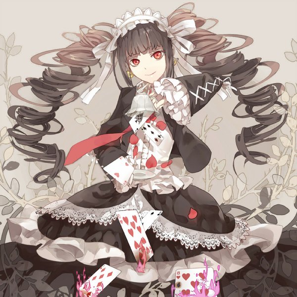 Anime picture 1000x1000 with dangan ronpa celestia ludenberg fre single long hair looking at viewer black hair smile red eyes twintails drill hair lolita fashion goth-loli girl ribbon (ribbons) plant (plants) hair ribbon earrings petals necktie