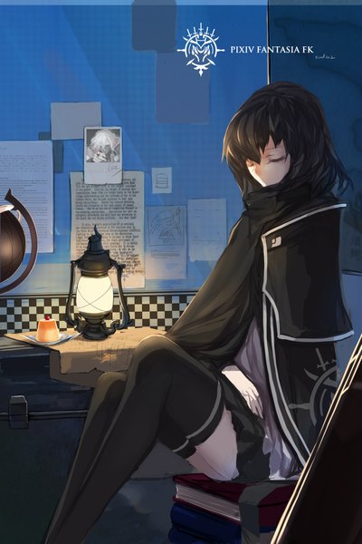 Anime picture 1511x2267 with original pixiv fantasia pixiv fantasia fallen kings paradise (character) swd3e2 single tall image short hair black hair sitting eyes closed girl thighhighs dress black thighhighs book (books) cape lamp