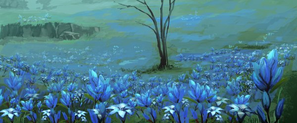 Anime picture 1000x416 with original rias-coast wide image no people bare tree field flower (flowers) plant (plants) tree (trees)