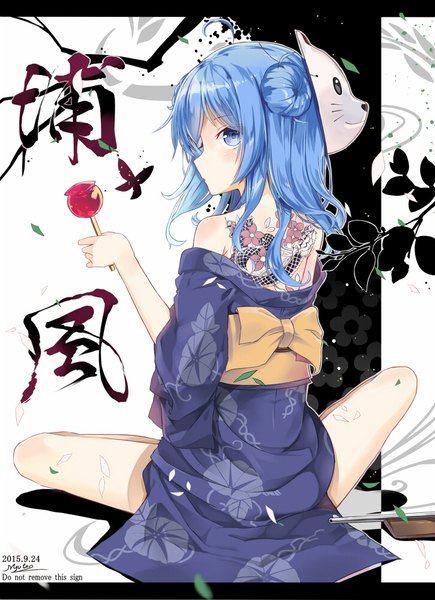 Anime picture 724x999 with kantai collection urakaze destroyer myuton single long hair tall image looking at viewer blue eyes sitting holding ahoge traditional clothes japanese clothes profile looking back from behind off shoulder tattoo official alternate costume floral print