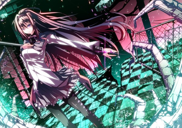 Anime picture 1500x1061 with mahou shoujo madoka magica shaft (studio) akemi homura single long hair black hair purple eyes checkered floor destruction girl