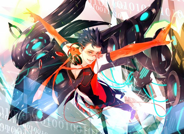 Anime picture 2000x1454 with nico nico singer ruci kamino johnny lmd highres short hair open mouth black hair red eyes nail polish boy gloves elbow gloves headphones fingerless gloves goggles wire (wires)